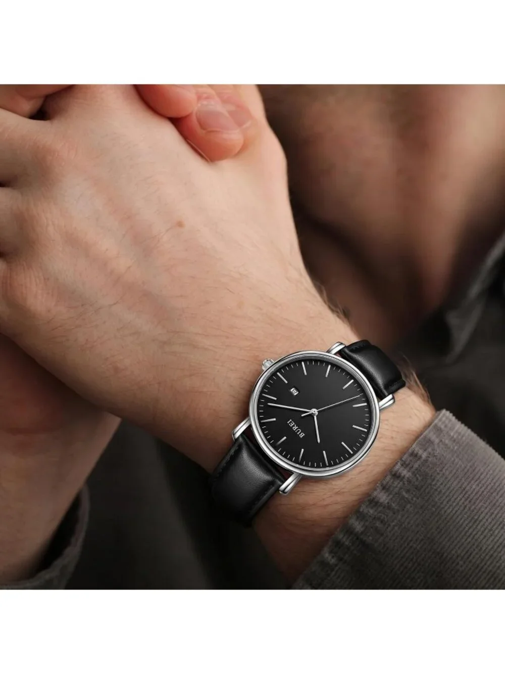 Men's Silver Black Ultra Thin Minimalist Analog Waterproof Casual Wrist Watch